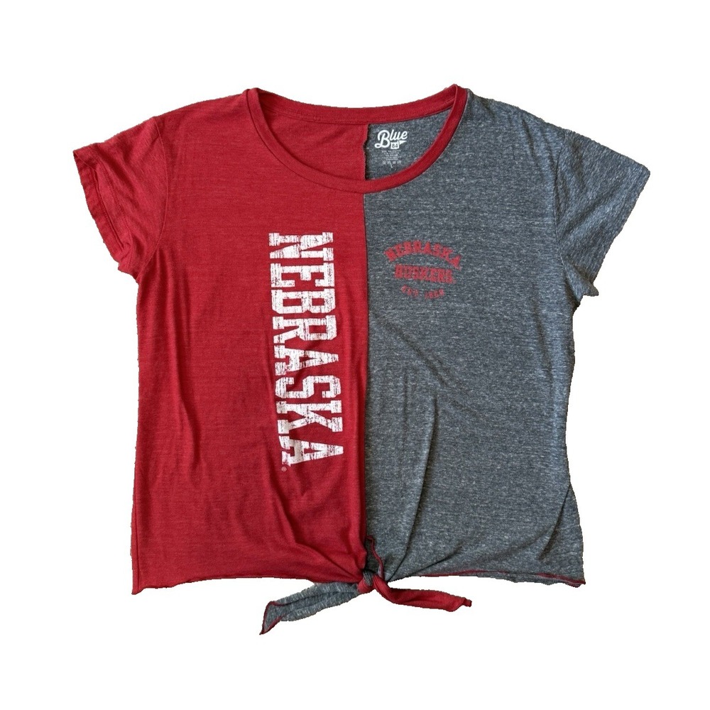 Blue 84 Nebraska Two Toned Tie Front Crop Top Shirt‎ Red Grey Women's Large